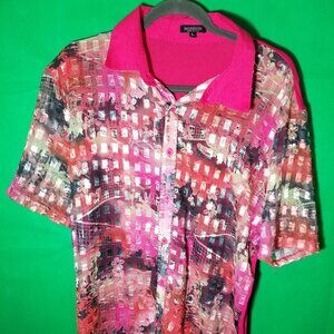 Mission Men Large Button Up Shirt Pink Semi Sheer Graphic Print Retro Colorful
